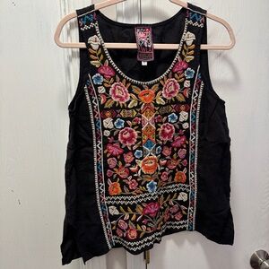 Johnny Was Embroidered Floral Black Tank Top